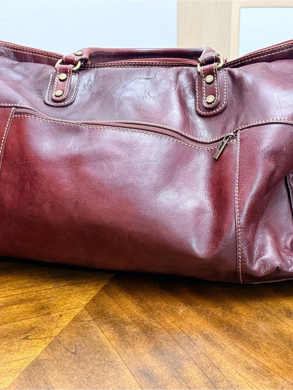 Large 24” Italian Genuine Leather Duffle Weekender Bag Burgundy Handmade Italy
